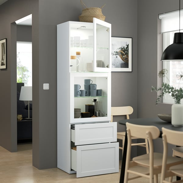 BESTÅ storage combination w glass doors, white/Hanviken white clear glass, 60x42x193 cm