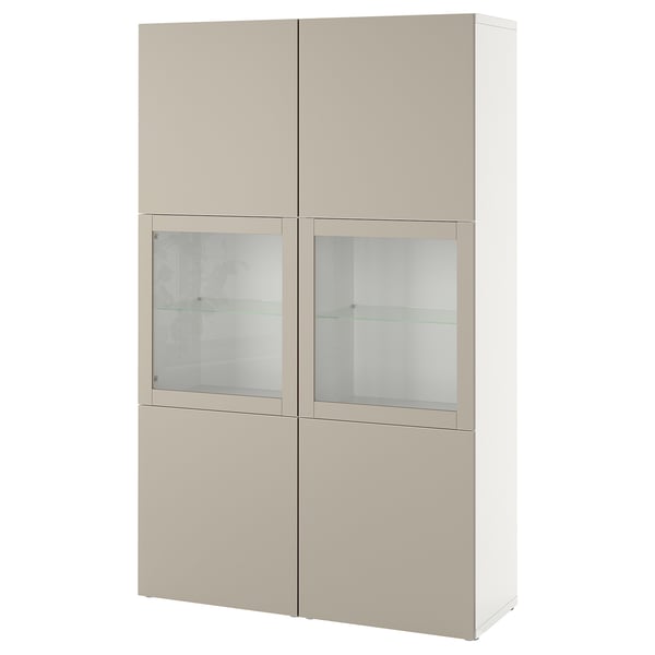 BESTÅ storage combination w glass doors, white Lappviken/light grey-beige clear glass, 120x42x193 cm