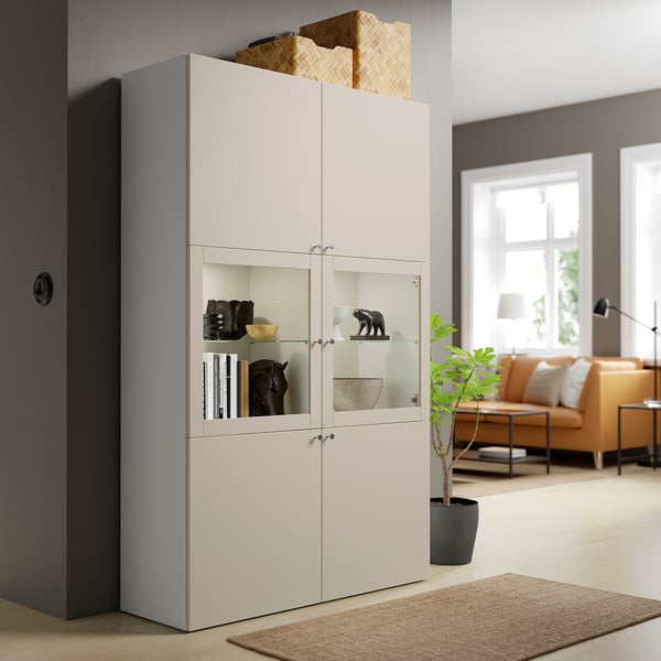 BESTÅ storage combination w glass doors, white Lappviken/light grey-beige clear glass, 120x42x193 cm