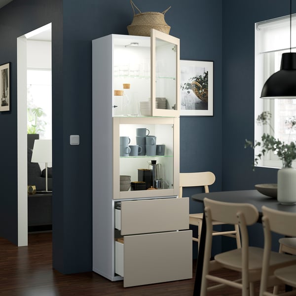 BESTÅ - BESTÅ Storage combination w glass doors, white Lappviken/light grey-beige clear glass, 60x42x193 cm