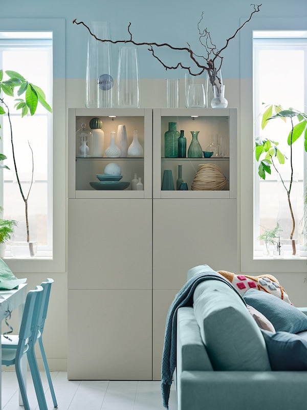 BESTÅ - Storage combination w glass doors, white Lappviken/light grey-beige clear glass, 120x42x193 cm