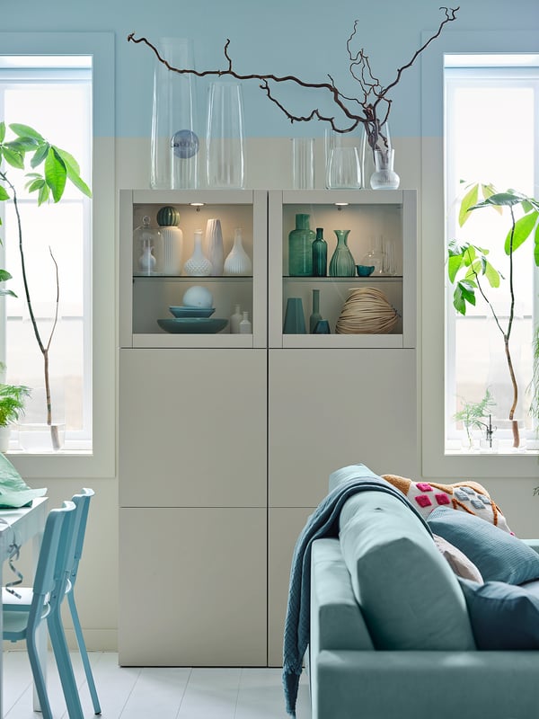 BESTÅ storage combination w glass doors, white Lappviken/light grey-beige clear glass, 120x42x193 cm