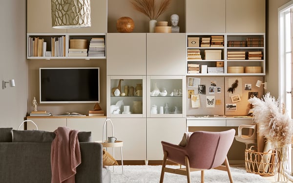 BESTÅ - BESTÅ Storage combination w glass doors, white Lappviken/light grey-beige clear glass, 120x42x193 cm