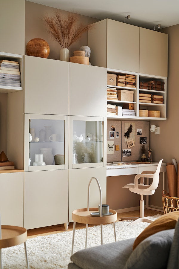 BESTÅ - Storage combination w glass doors, white Lappviken/light grey-beige clear glass, 120x42x193 cm