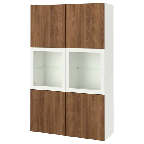 BESTÅ storage combination w glass doors, white Lappviken/Sindvik walnut effect, 120x42x193 cm