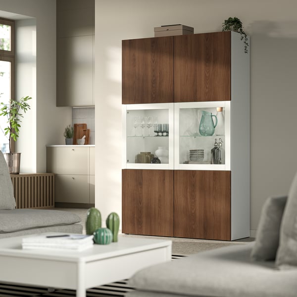 BESTÅ combination with glass doors, white Lappviken/Sindvik walnut effect, 120x42x193 cm Combination with glass doors, white Lappviken/Sindvik walnut effect,120x42x193 cm