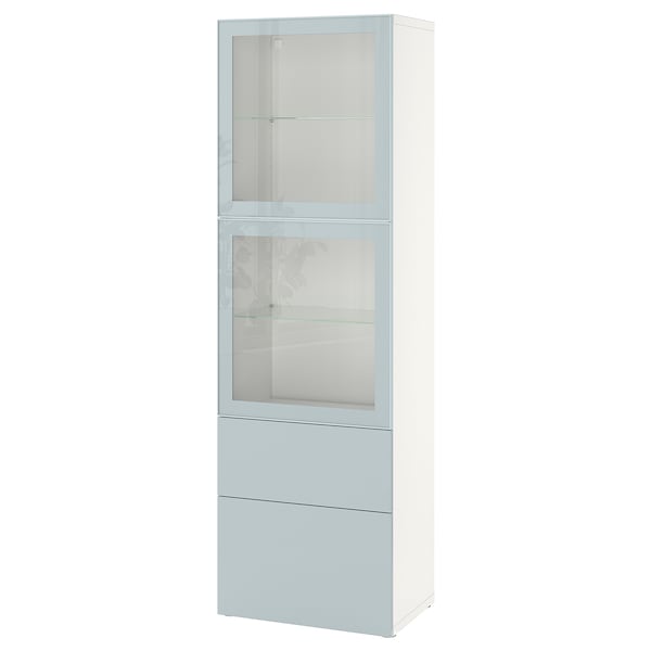 BESTÅ - Storage combination w glass doors, white Selsviken/high-gloss light grey-blue, 60x42x193 cm