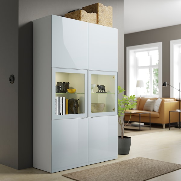 BESTÅ - Storage combination w glass doors, white Selsviken/high-gloss light grey-blue, 120x42x193 cm