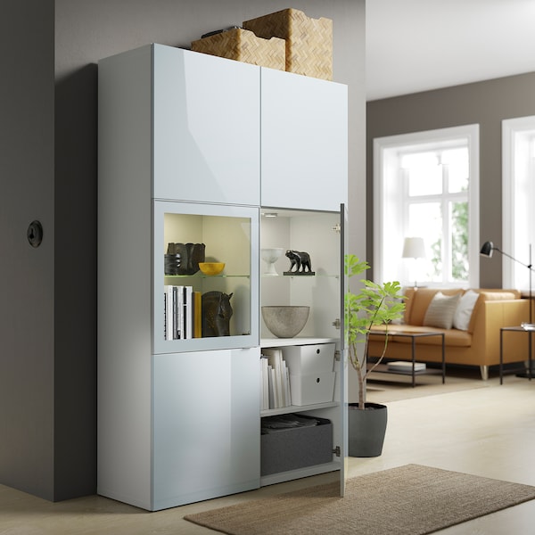 BESTÅ - Storage combination w glass doors, white Selsviken/high-gloss light grey-blue, 120x42x193 cm