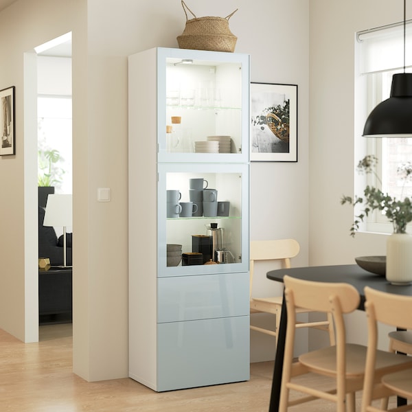 BESTÅ - Storage combination w glass doors, white Selsviken/high-gloss light grey-blue, 60x42x193 cm