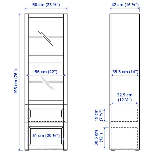 BESTÅ - Storage combination w glass doors, white Selsviken/high-gloss light grey-blue, 60x42x193 cm