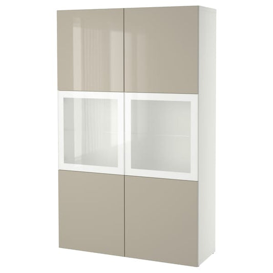 Ikea BESTÅ - Combination with glass doors, white/Selsviken gloss/beige frosted glass,120x42x193 cm