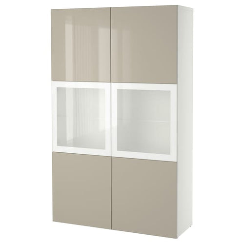 BESTÅ storage combination w glass doors, white/Selsviken high-gloss/beige frosted glass, 120x193x42 cm