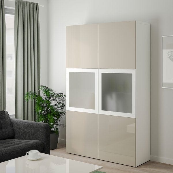 Ikea BESTÅ - Combination with glass doors, white/Selsviken gloss/beige frosted glass,120x42x193 cm