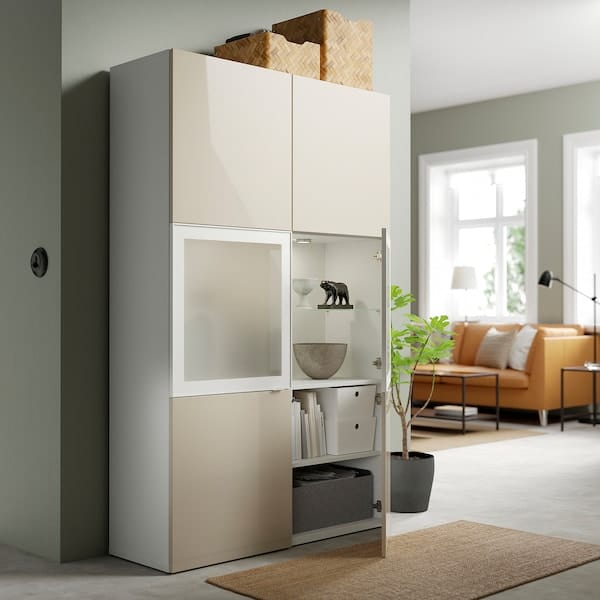 Ikea BESTÅ - Combination with glass doors, white/Selsviken gloss/beige frosted glass,120x42x193 cm
