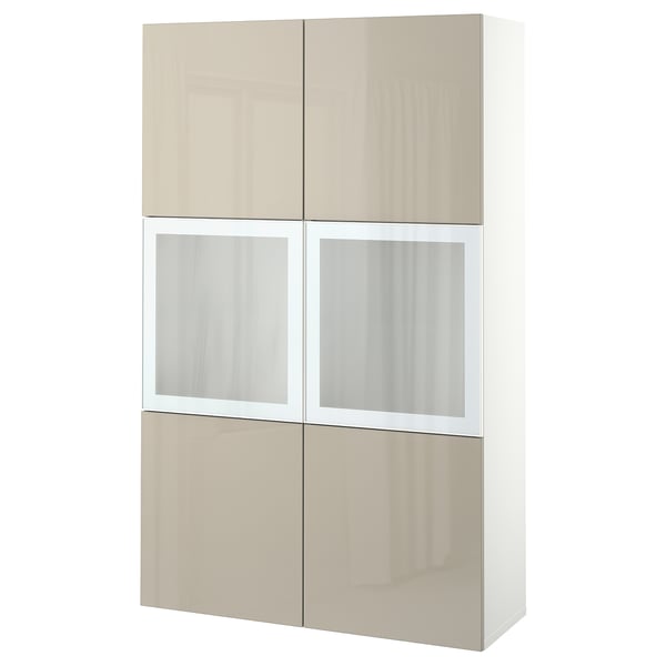 BESTÅ storage combination w glass doors, white/Selsviken high-gloss/beige frosted glass, 120x42x193 cm
