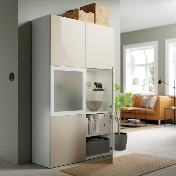 Ikea BESTÅ - Combination with glass doors, white / Selsviken high-gloss / beige frosted glass, 120x42x193 cm