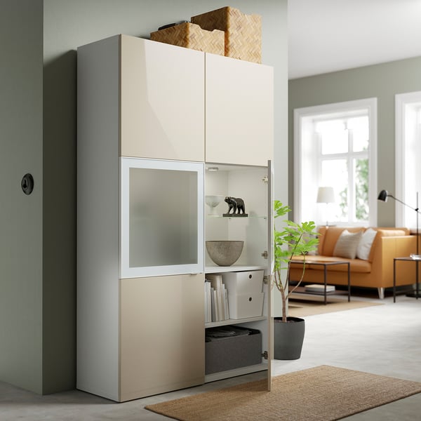 BESTÅ storage combination w glass doors, white/Selsviken high-gloss/beige frosted glass, 120x42x193 cm