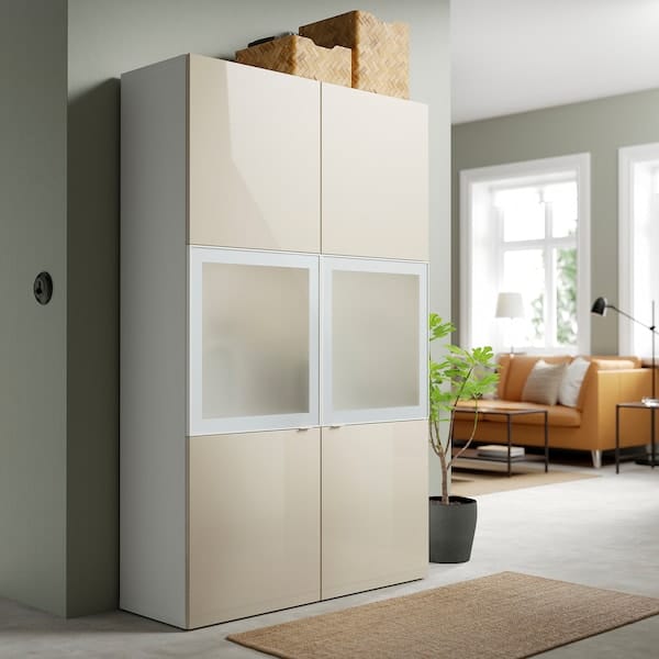 Ikea BESTÅ - Combination with glass doors, white / Selsviken high-gloss / beige frosted glass, 120x42x193 cm