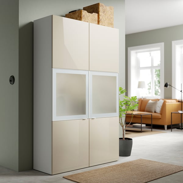 BESTÅ storage combination w glass doors, white/Selsviken high-gloss/beige frosted glass, 120x42x193 cm