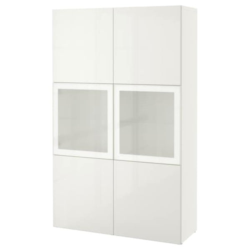 BESTÅ storage combination w glass doors, white/Selsviken high-gloss/white frosted glass, 120x193x42 cm