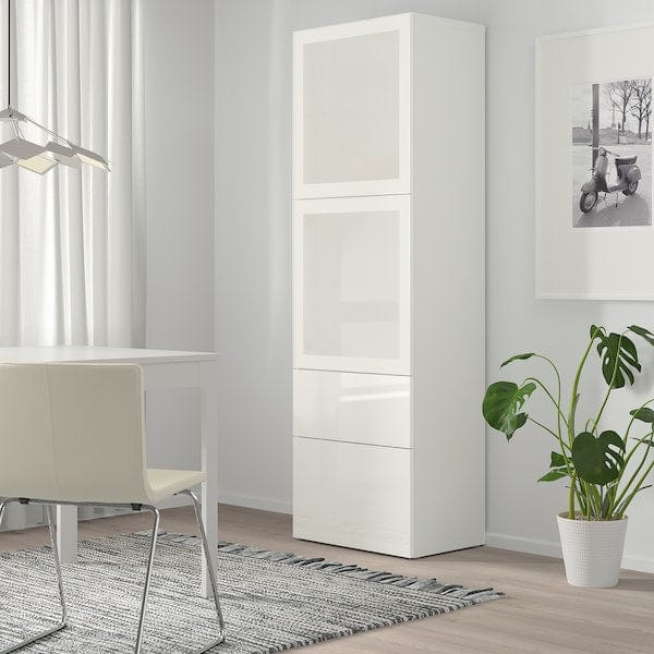 Ikea BESTÅ - Combination with glass doors, white/Selsviken gloss/white frosted glass,60x42x193 cm
