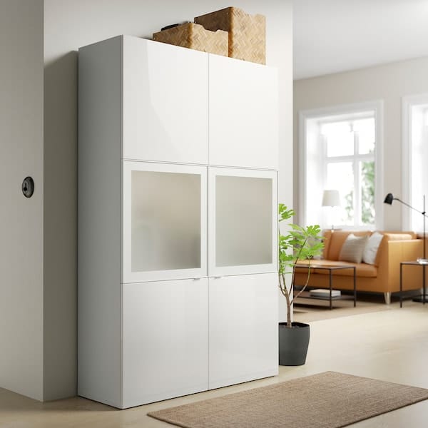 Ikea BESTÅ - Combination with glass doors, white/Selsviken polished/white frosted glass,120x42x193 cm