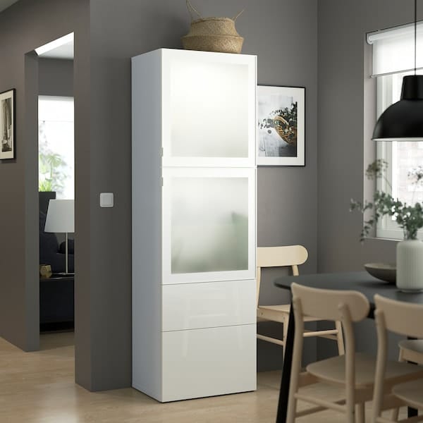 Ikea BESTÅ - Combination with glass doors, white/Selsviken gloss/white frosted glass,60x42x193 cm