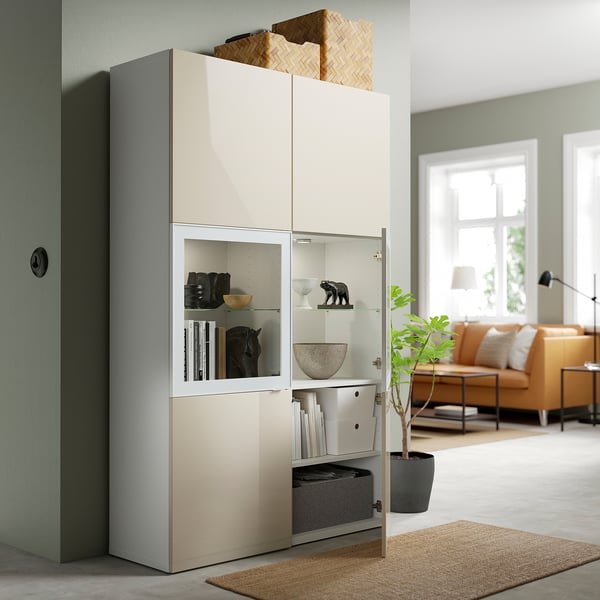 BESTÅ storage combination w glass doors, white/Selsviken high-gloss/beige clear glass, 120x42x193 cm