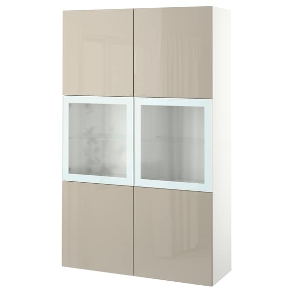 Ikea BESTÅ - Combination with glass doors, white / Selsviken high-gloss / beige clear glass, 120x42x193 cm ,