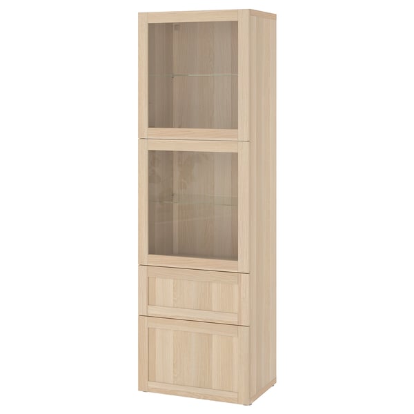 BESTÅ storage combination w glass doors, white stained oak effect/Hanviken white stained oak eff clear glass, 60x42x193 cm