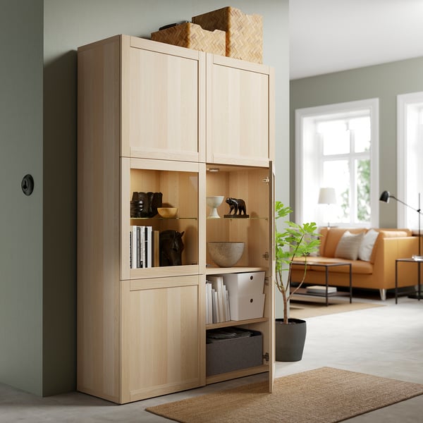 BESTÅ storage combination w glass doors, white stained oak effect/Hanviken white stained oak eff clear glass, 120x42x193 cm