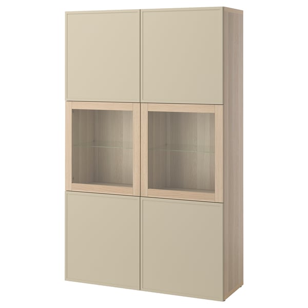 BESTÅ combination with glass doors, oak effect with white stain/Krukmakare beige, 120x42x193 cm