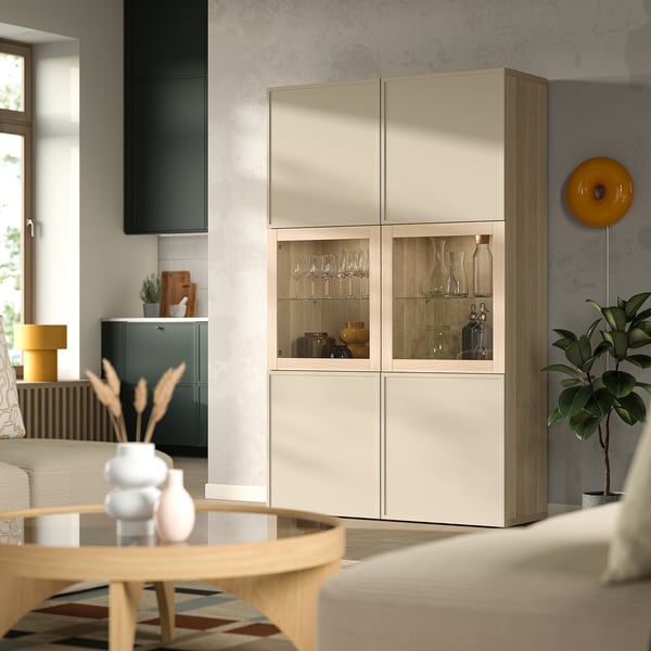 BESTÅ storage combination w glass doors, white stained oak effect/Krukmakare beige, 120x42x193 cm