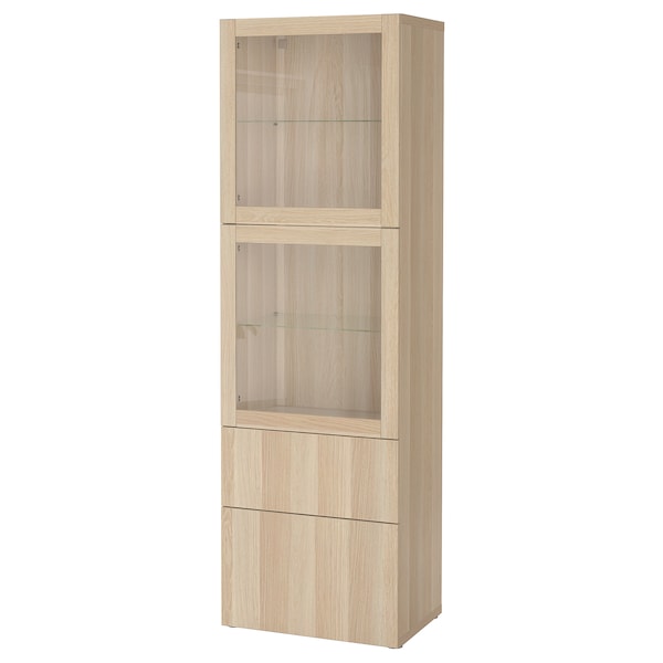 BESTÅ storage combination w glass doors, white Lappviken/light grey-beige clear glass, 60x42x193 cm