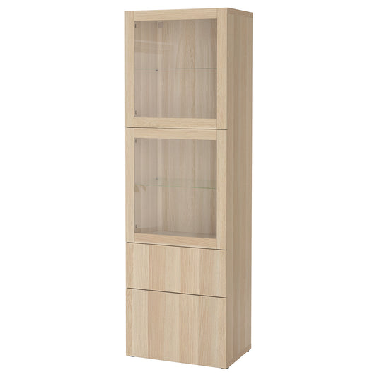 BESTÅ storage combination w glass doors, white stained oak effect/Lappviken white stained oak eff clear glass, 60x42x193 cm