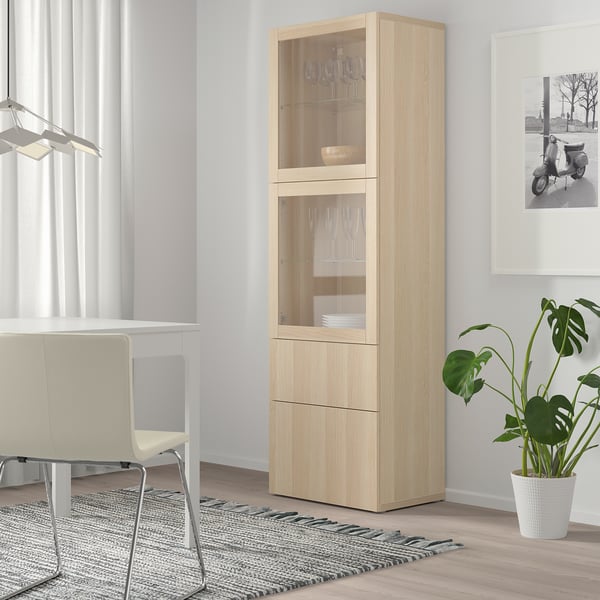BESTÅ storage combination w glass doors, white stained oak effect/Lappviken white stained oak eff clear glass, 60x42x193 cm