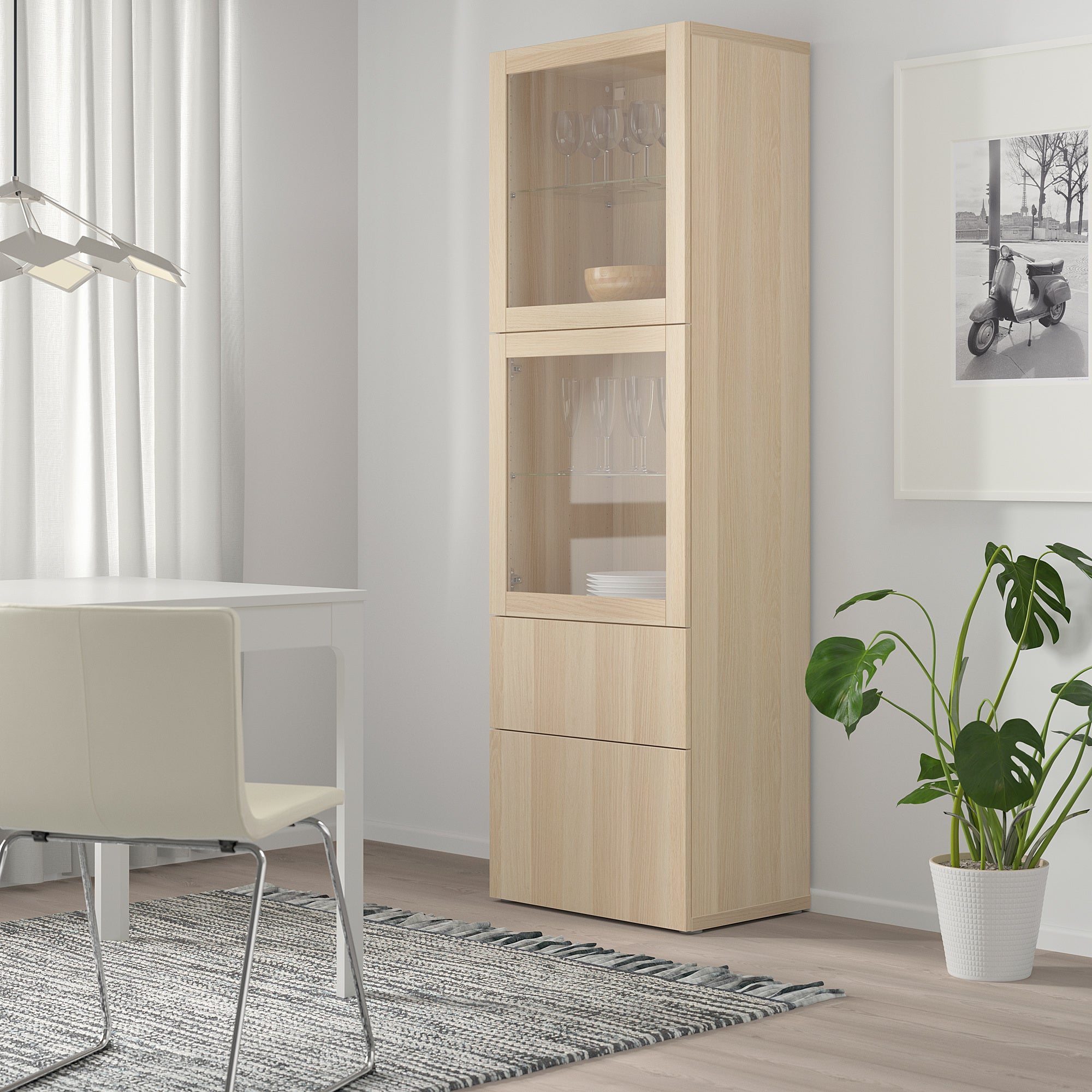 BESTÅ storage combination w glass doors, white stained oak effect/Lappviken white stained oak eff clear glass, 60x42x193 cm