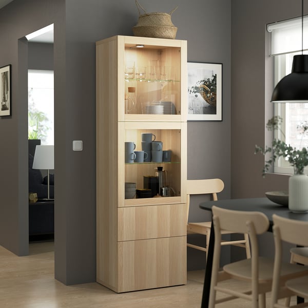 BESTÅ - BESTÅ Storage combination w glass doors, white stained oak effect/Lappviken white stained oak eff clear glass, 60x42x193 cm