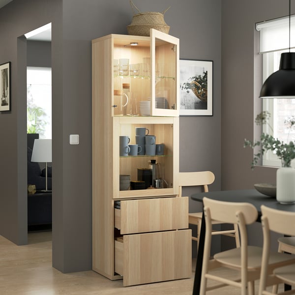 BESTÅ storage combination w glass doors, white stained oak effect/Lappviken white stained oak eff clear glass, 60x42x193 cm