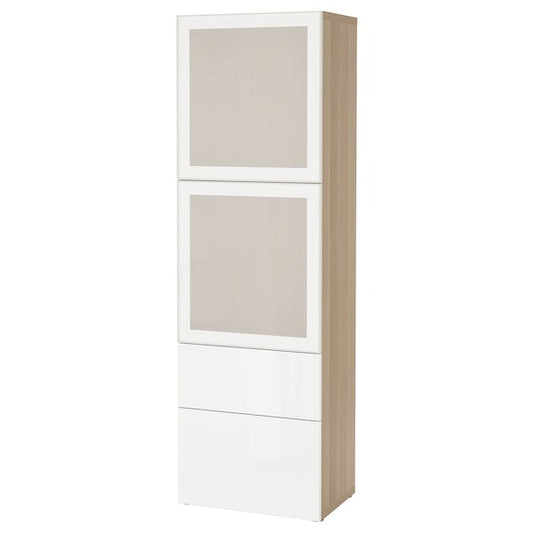 Ikea BESTÅ - Combination with glass doors, oak effect with white stain/Selsviken gloss/white frosted glass,60x42x193 cm