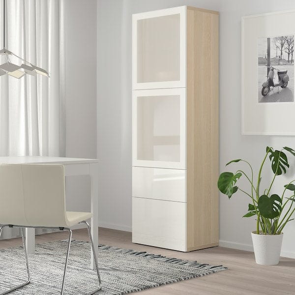 Ikea BESTÅ - Combination with glass doors, oak effect with white stain/Selsviken gloss/white frosted glass,60x42x193 cm