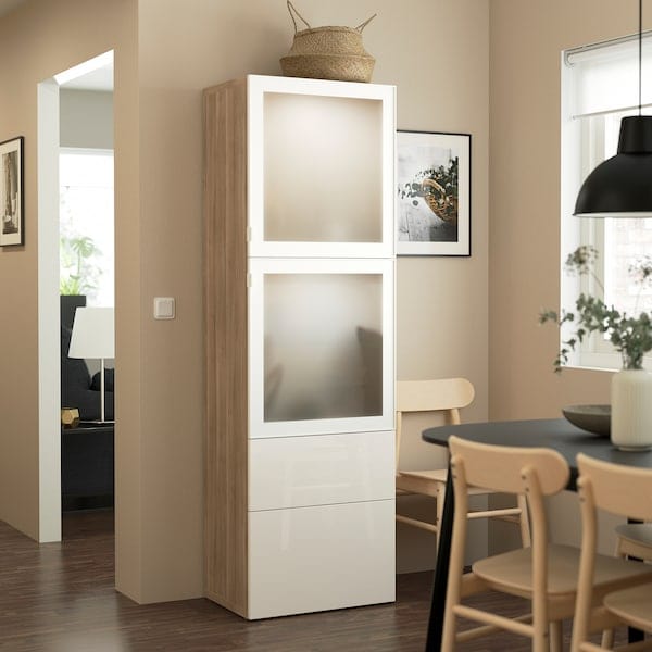 Ikea BESTÅ - Combination with glass doors, oak effect with white stain/Selsviken gloss/white frosted glass,60x42x193 cm