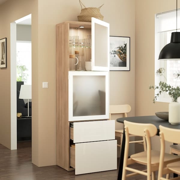 Ikea BESTÅ - Combination with glass doors, oak effect with white stain/Selsviken gloss/white frosted glass,60x42x193 cm