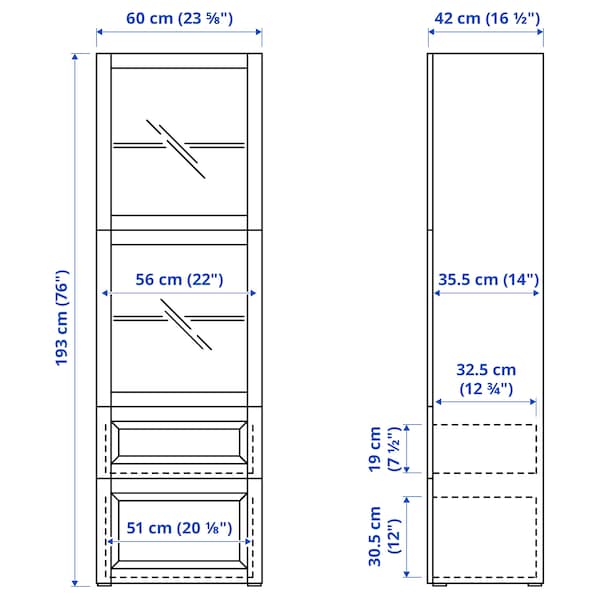 Ikea BESTÅ - Combination with glass doors, oak effect with white stain/Selsviken gloss/white frosted glass,60x42x193 cm