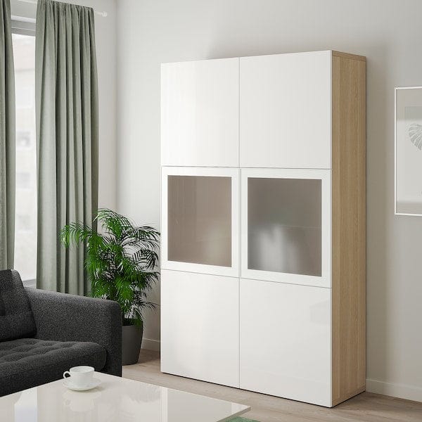 Ikea BESTÅ - Combination with glass doors, white stained oak effect/Selsviken gloss/white frosted glass,120x42x193 cm