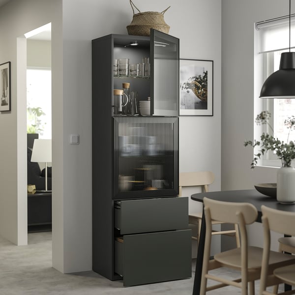 BESTÅ - BESTÅ Storage combination w glass doors, dark grey Lappviken/Fällsvik anthracite, 60x42x193 cm