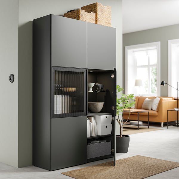 BESTÅ - BESTÅ Storage combination w glass doors, dark grey Lappviken/Fällsvik anthracite, 120x42x193 cm