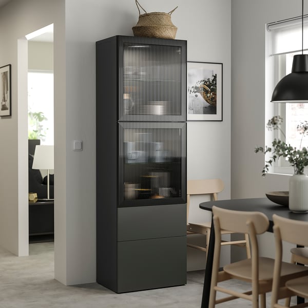 BESTÅ - BESTÅ Storage combination w glass doors, dark grey Lappviken/Fällsvik anthracite, 60x42x193 cm