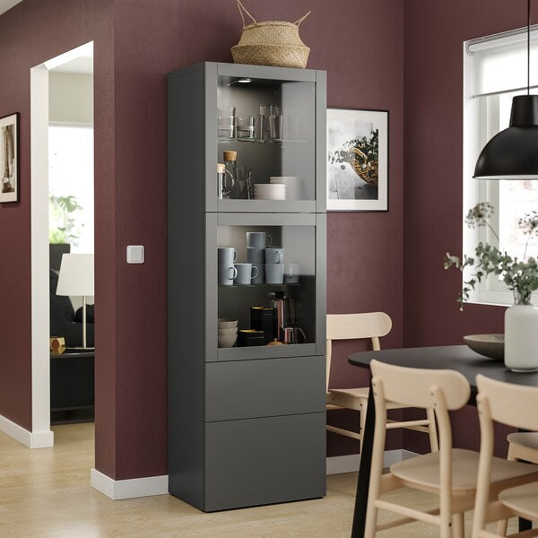 BESTÅ - Storage combination w glass doors, dark grey Lappviken/Sindvik dark grey, 60x42x193 cm